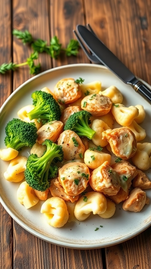 A colorful low carb chicken and vegetable dish with melted cheese, garnished with herbs on a wooden table.
